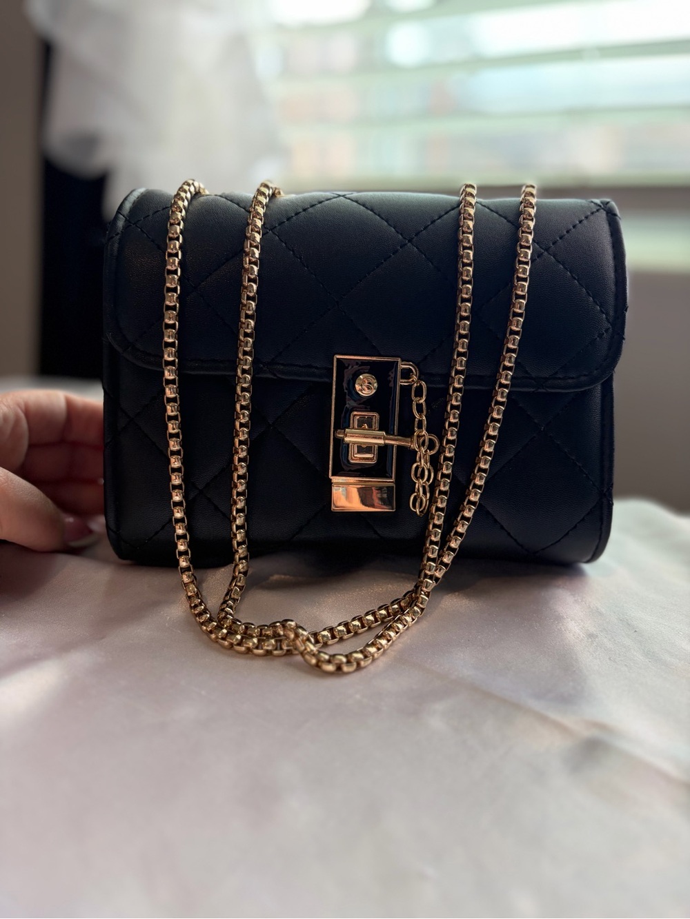 Fashion Nova Black Quilted Crossbody with Gold Chain Strap